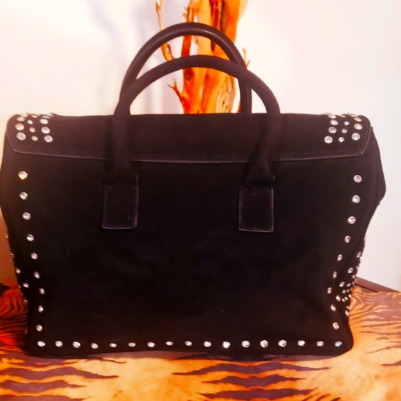 CHARM & LUCK Blk Suede w/Cry. Heart Satchel Vintage NWOT - Picture 2 of 12